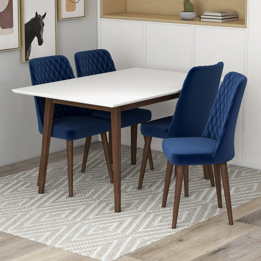 Adira (Small - White) Dining Set With 4 Evette (Blue Velvet) Dining Chairs