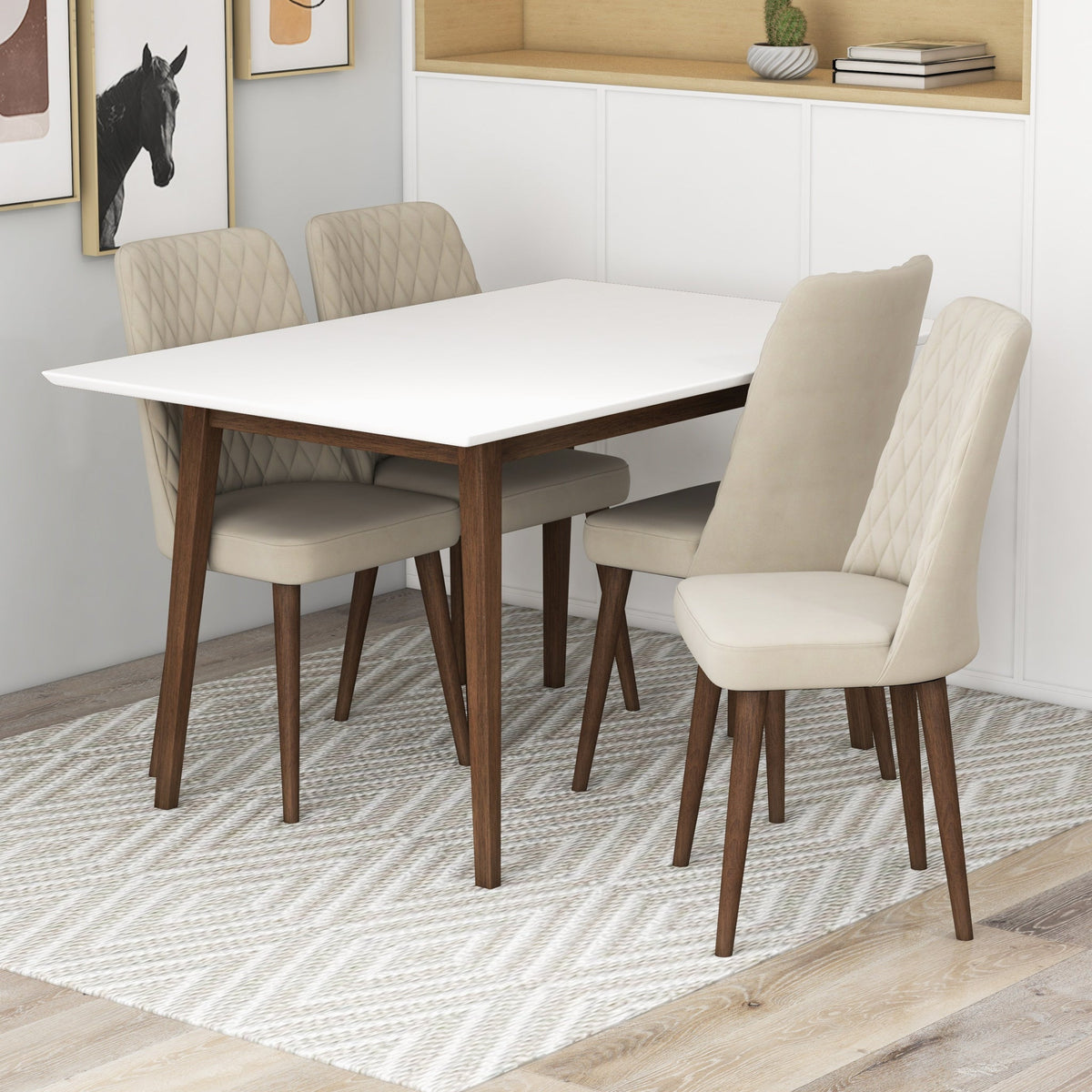 Adira (Small - White) Dining Set With 4 Evette (Beige Velvet) Dining Chairs