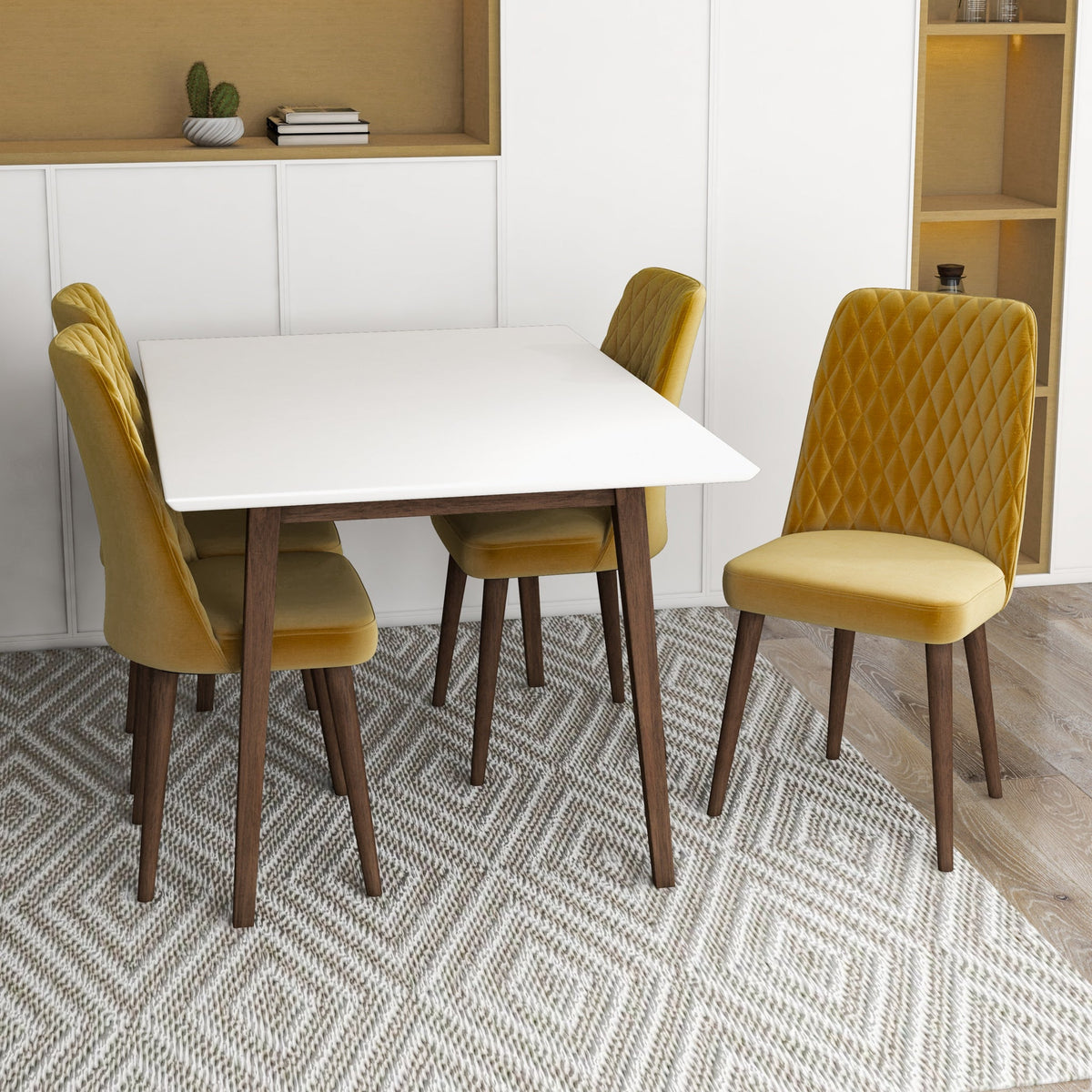 Adira (Small - White) Dining Set With 4 Evette (Gold Velvet) Dining Chairs