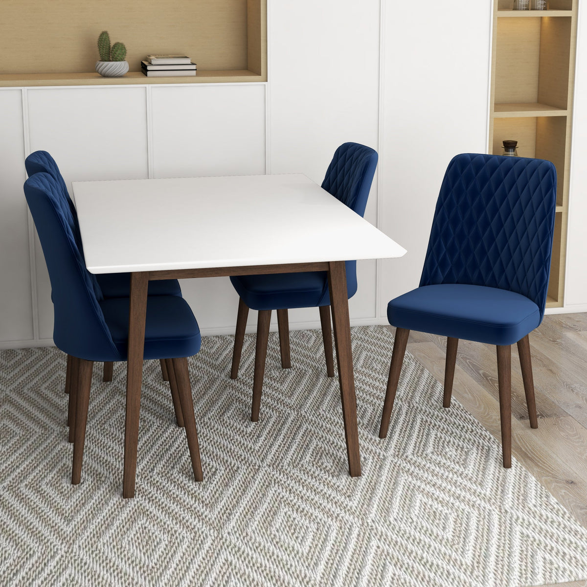 Adira (Small - White) Dining Set With 4 Evette (Blue Velvet) Dining Chairs