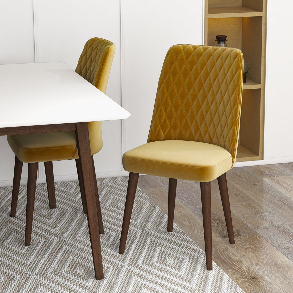 Adira (Small - White) Dining Set With 4 Evette (Gold Velvet) Dining Chairs