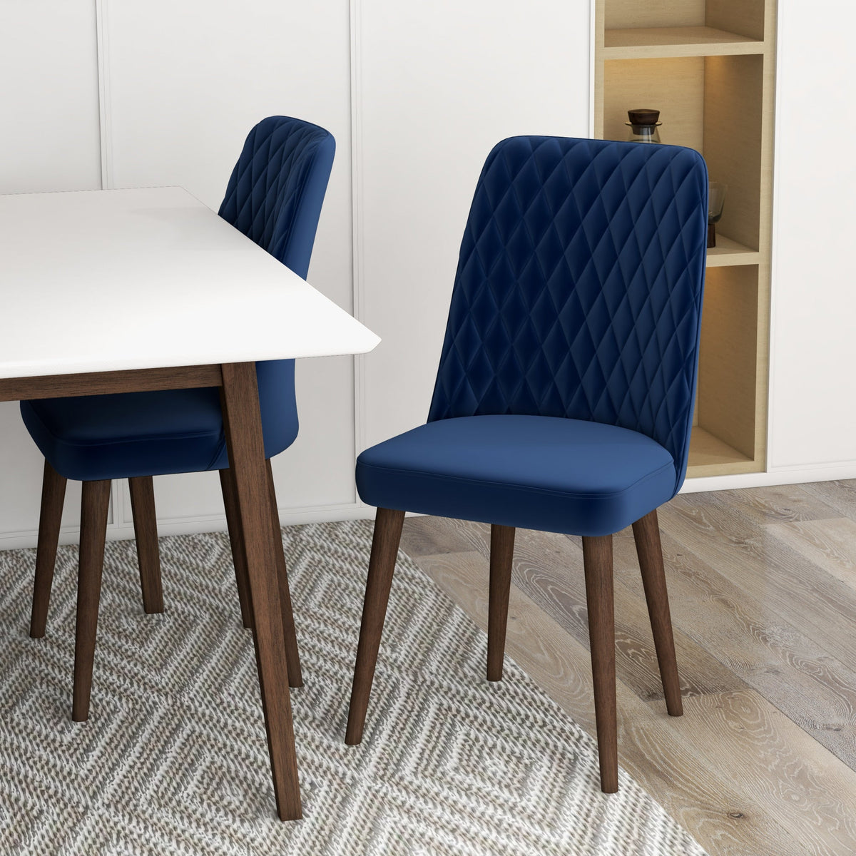 Adira (Small - White) Dining Set With 4 Evette (Blue Velvet) Dining Chairs