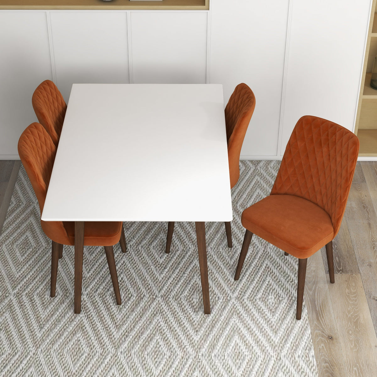 Adira (Small - White) Dining Set With 4 Evette (Burnt Orange Velvet) Dining Chairs