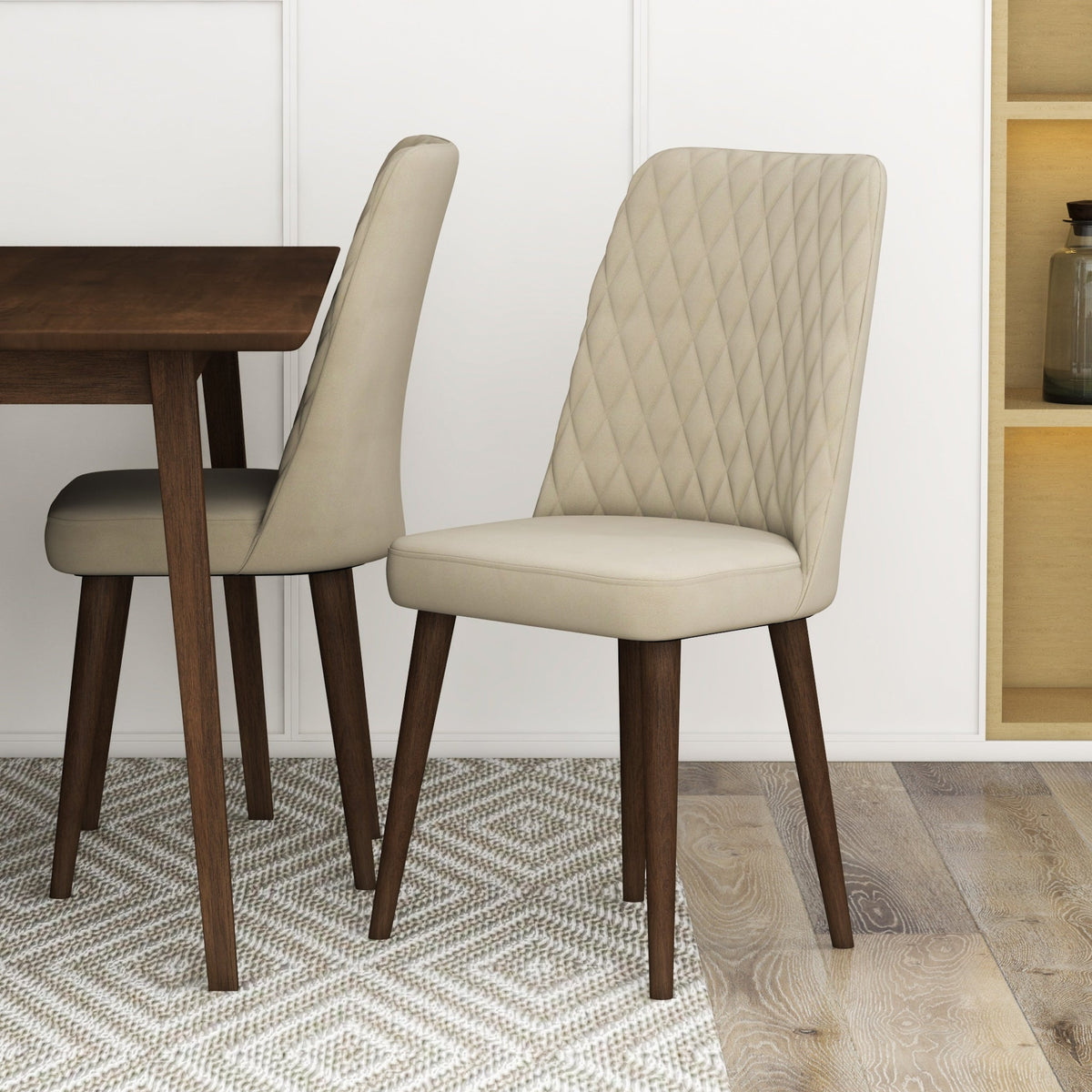 Adira (Small - Walnut) Dining Set With 4 Evette (Beige Velvet) Dining Chairs