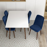 Adira (Small - White) Dining Set With 4 Evette (Blue Velvet) Dining Chairs