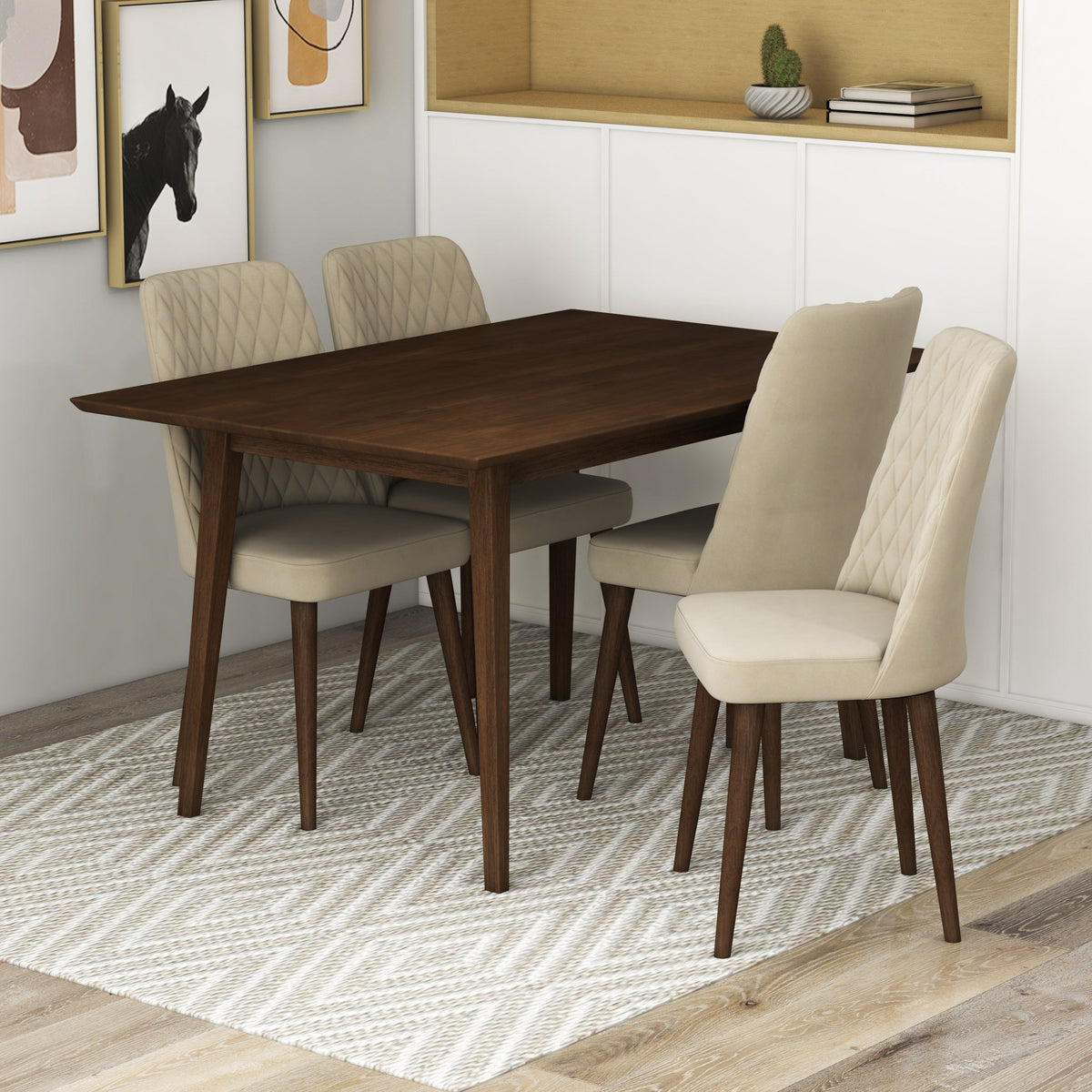 Adira (Small - Walnut) Dining Set With 4 Evette (Beige Velvet) Dining Chairs