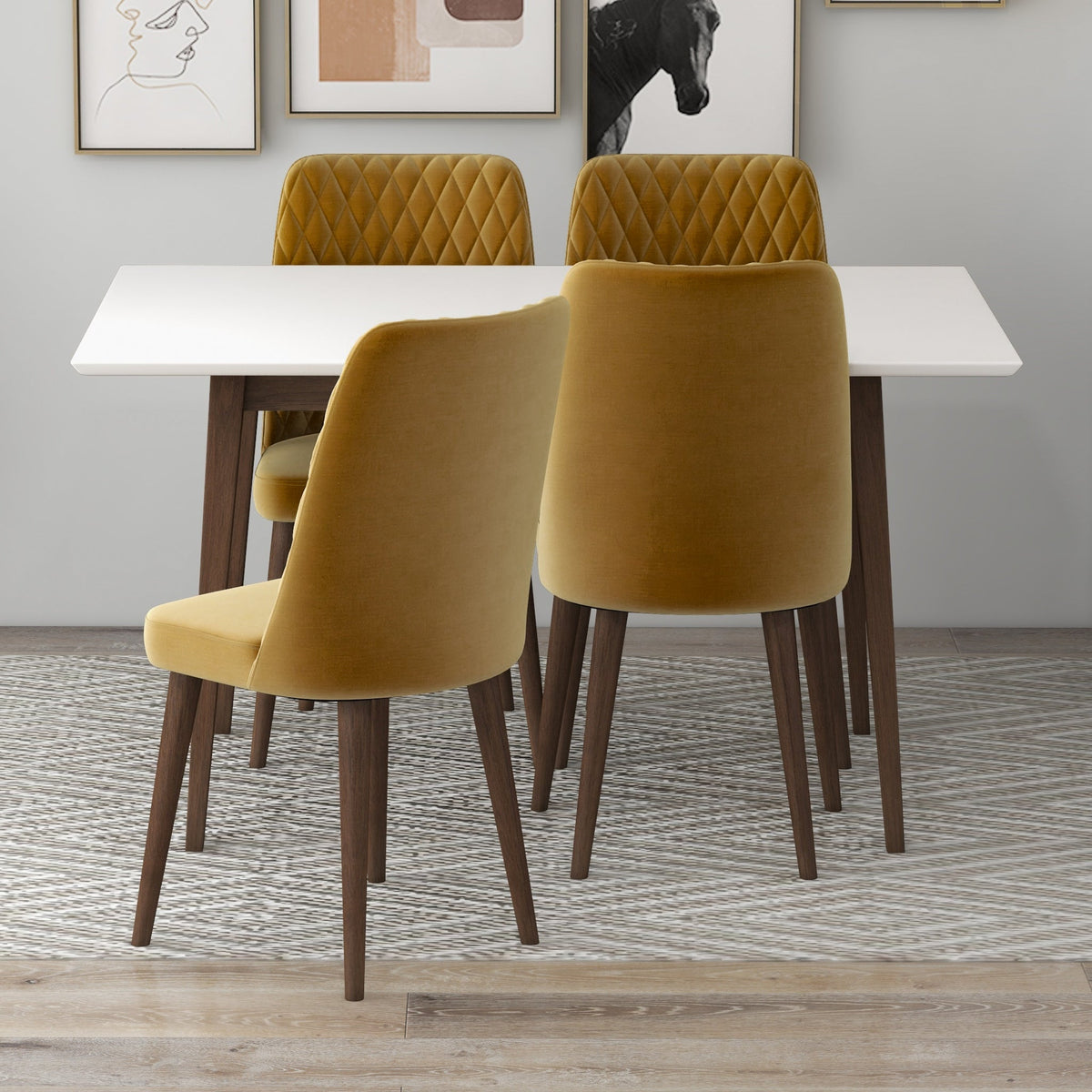 Adira (Small - White) Dining Set With 4 Evette (Gold Velvet) Dining Chairs