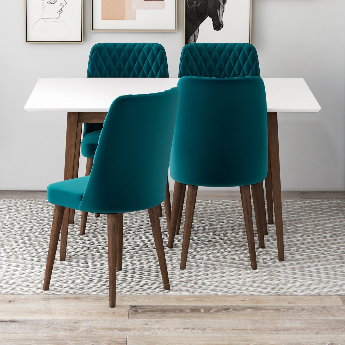 Adira (Small - White) Dining Set With 4 Evette (Teal Velvet) Dining Chairs