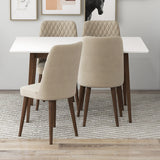 Adira (Small - White) Dining Set With 4 Evette (Beige Velvet) Dining Chairs