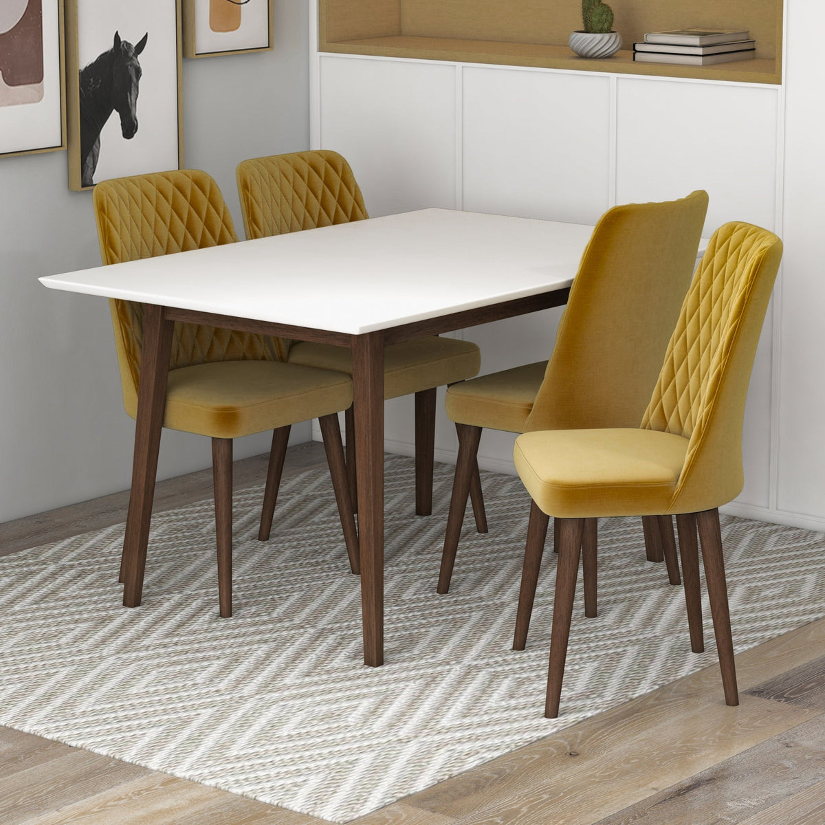 Adira (Small - White) Dining Set With 4 Evette (Gold Velvet) Dining Chairs