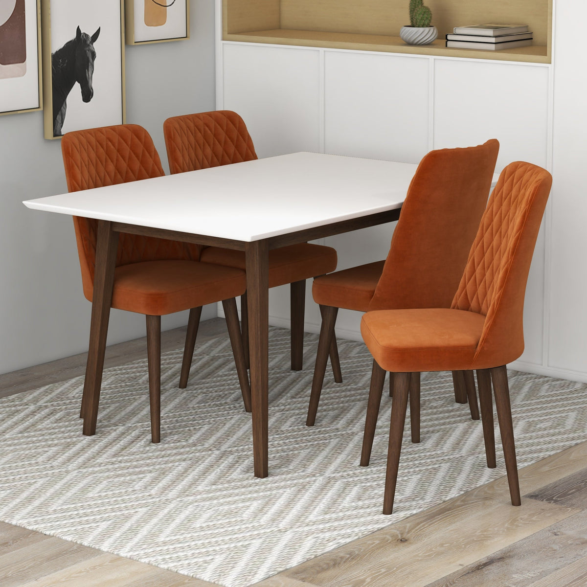 Adira (Small - White) Dining Set With 4 Evette (Burnt Orange Velvet) Dining Chairs