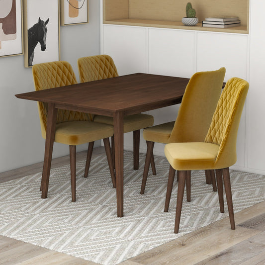 Adira (Small - Walnut) Dining Set With 4 Evette (Gold Velvet) Dining Chairs