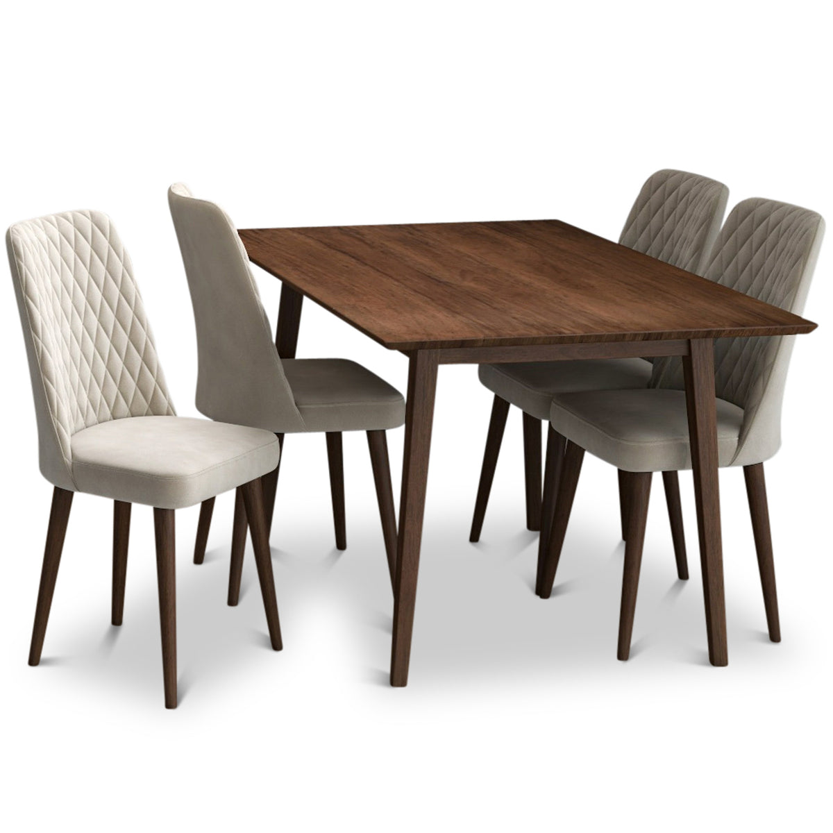 Alpine (Small - Walnut) Dining Set With 4 Evette (Beige Velvet) Dining Chairs