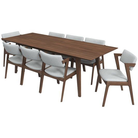 Adira Xlarge Walnut Dining Set With 8 Ricco Light Grey Dining Chairs