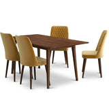 Alpine (Large - Walnut) Dining Set With 4 Evette (Gold Velvet) Dining Chairs