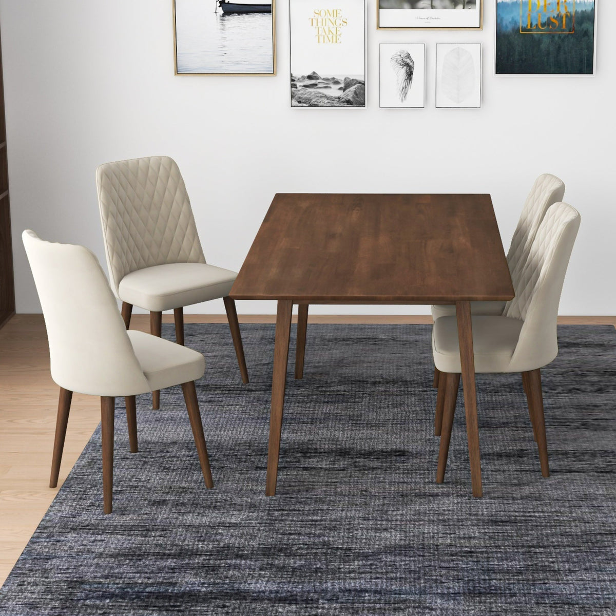 Alpine (Large - Walnut) Dining Set With 4 Evette (Beige Velvet) Dining Chairs