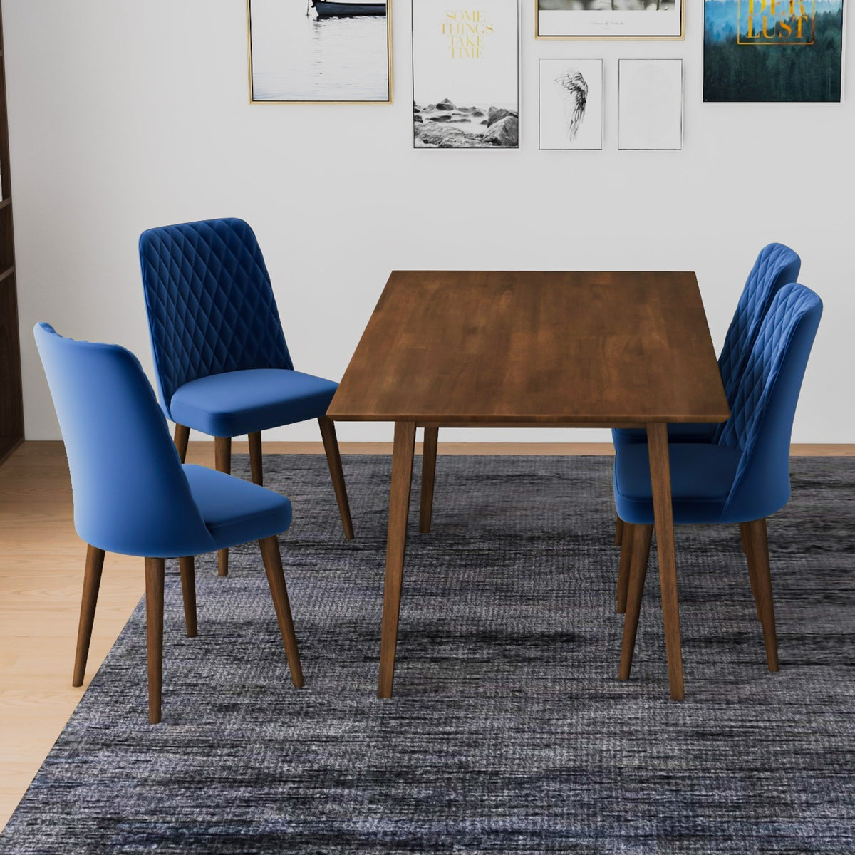 Alpine (Large - Walnut) Dining Set With 4 Evette (Blue Velvet) Dining Chairs