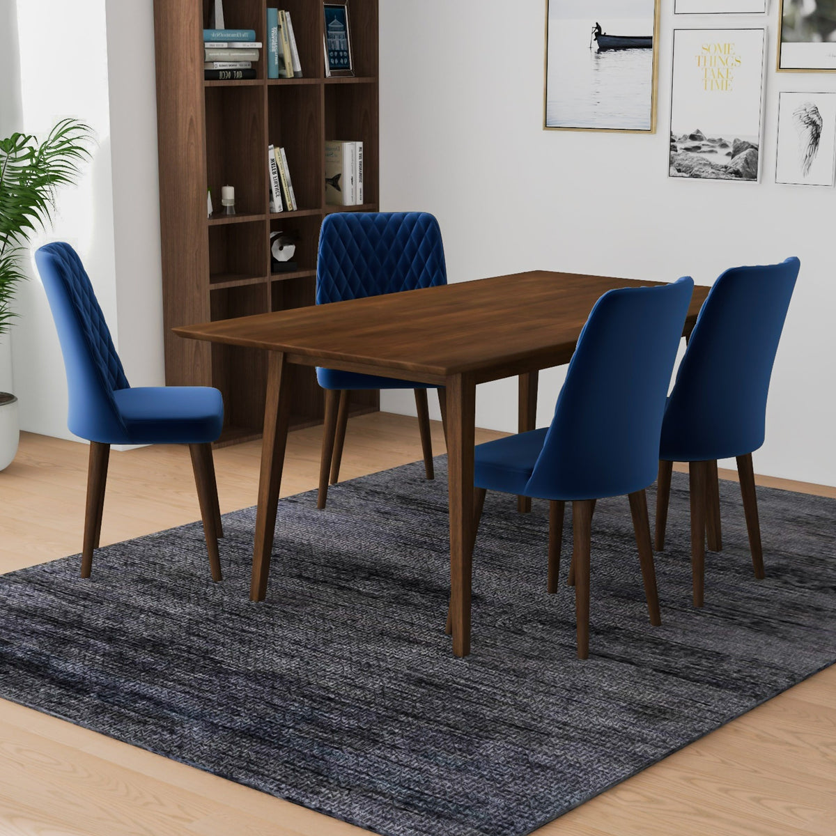 Alpine (Large - Walnut) Dining Set With 4 Evette (Blue Velvet) Dining Chairs