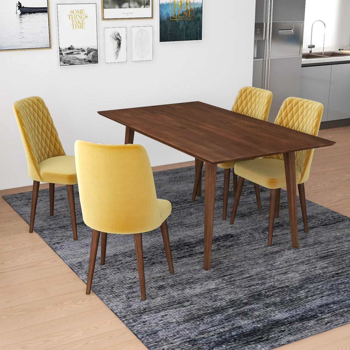 Alpine (Large - Walnut) Dining Set With 4 Evette (Gold Velvet) Dining Chairs