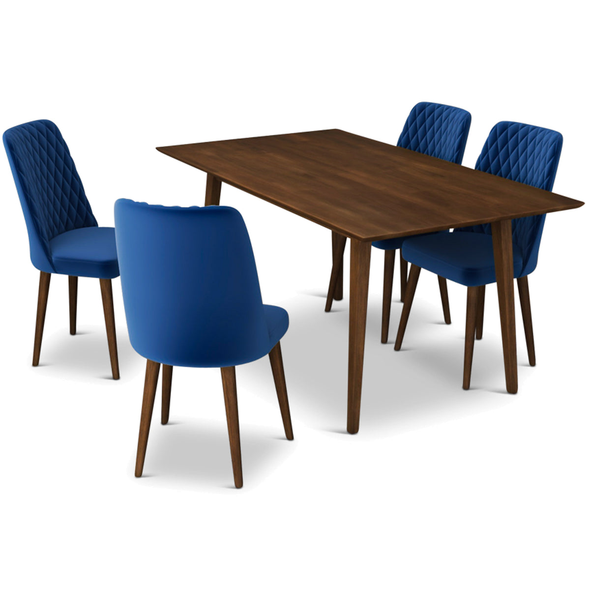 Alpine (Large - Walnut) Dining Set With 4 Evette (Blue Velvet) Dining Chairs