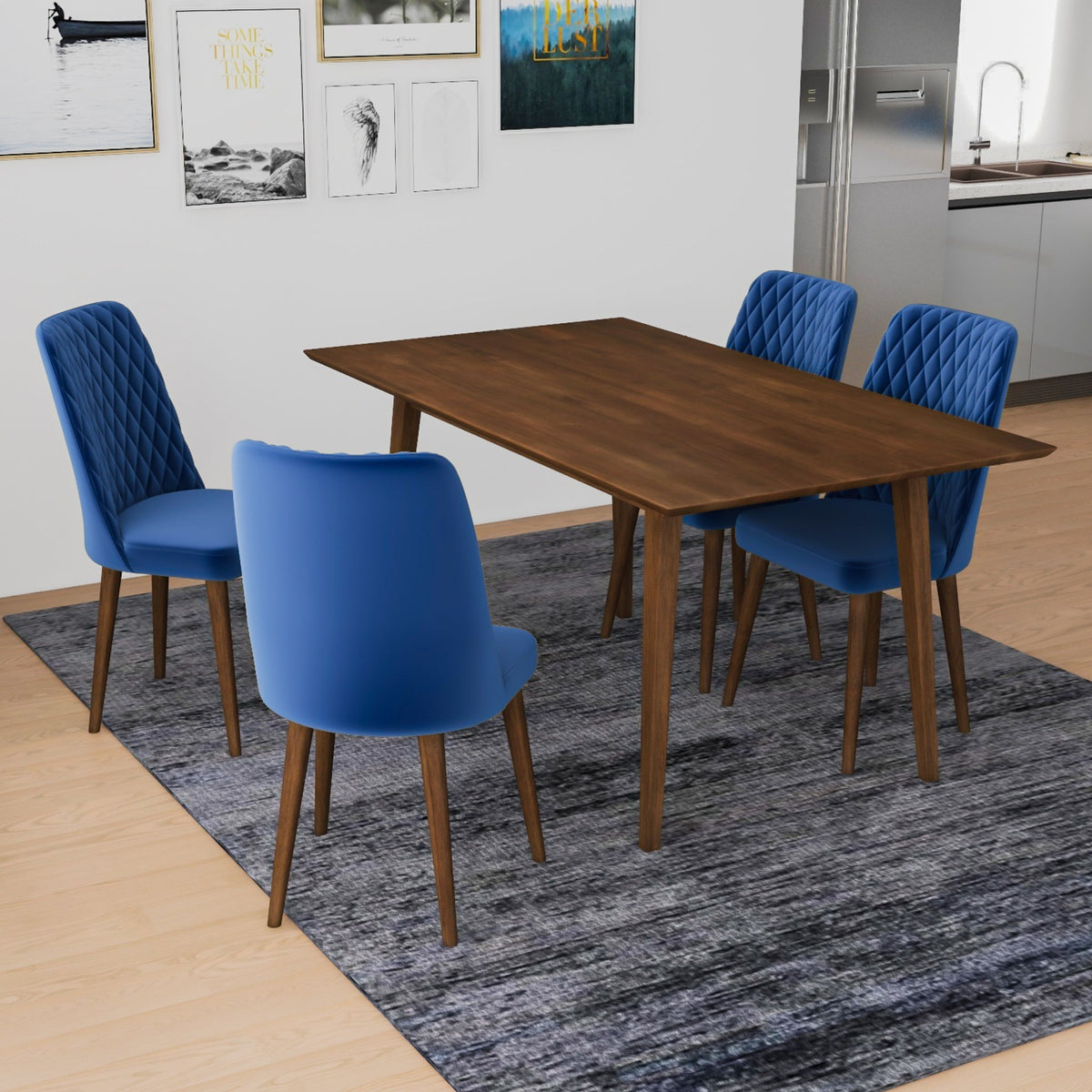 Alpine (Large - Walnut) Dining Set With 4 Evette (Blue Velvet) Dining Chairs