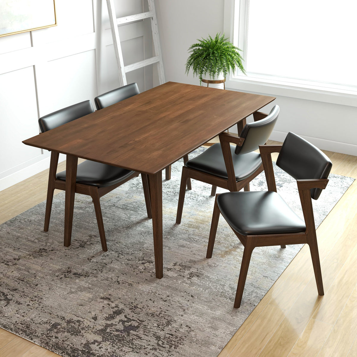 Adira Large Walnut Dining Set With 4 Ricco Black Leather Dining Chairs