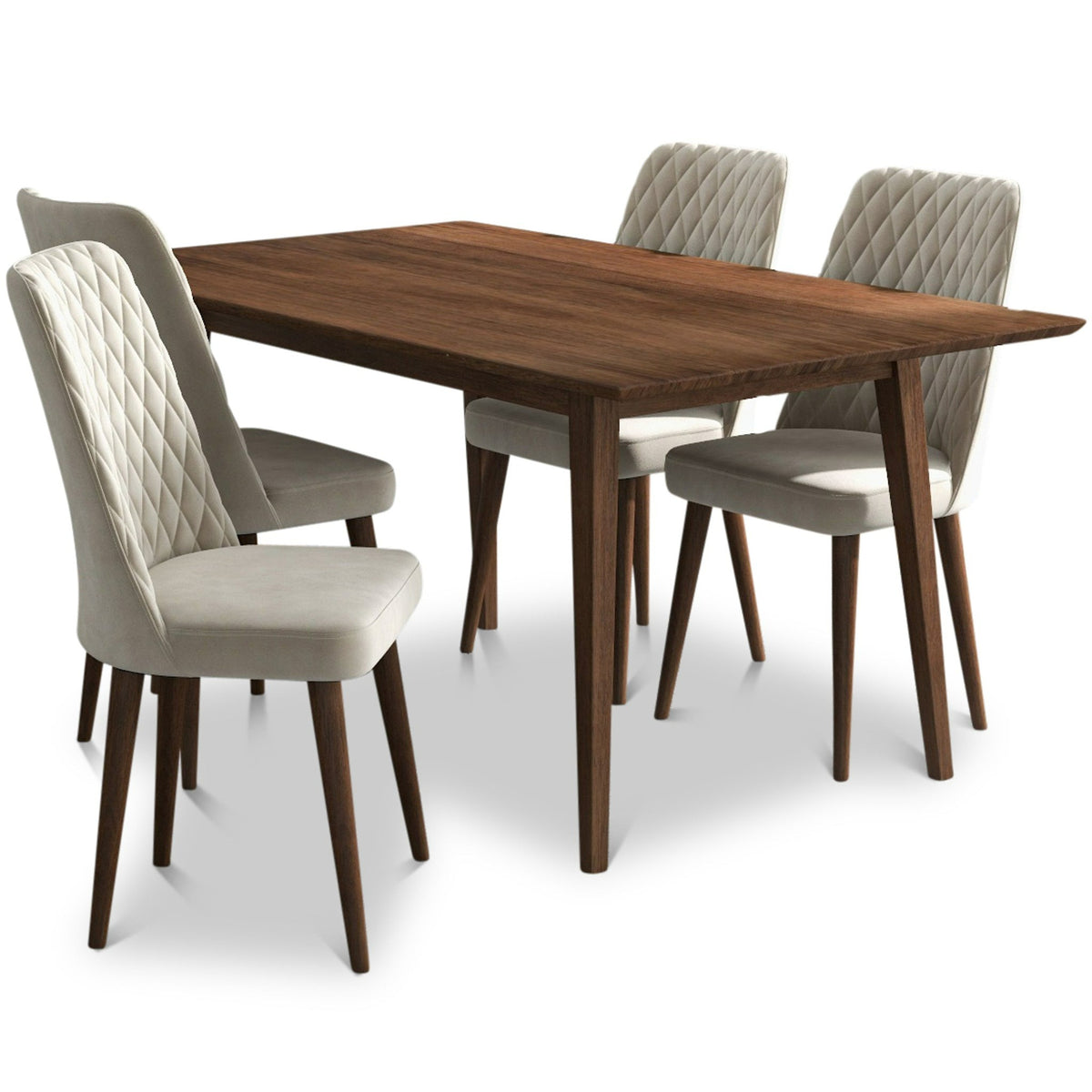 Alpine (Large - Walnut) Dining Set With 4 Evette (Beige Velvet) Dining Chairs