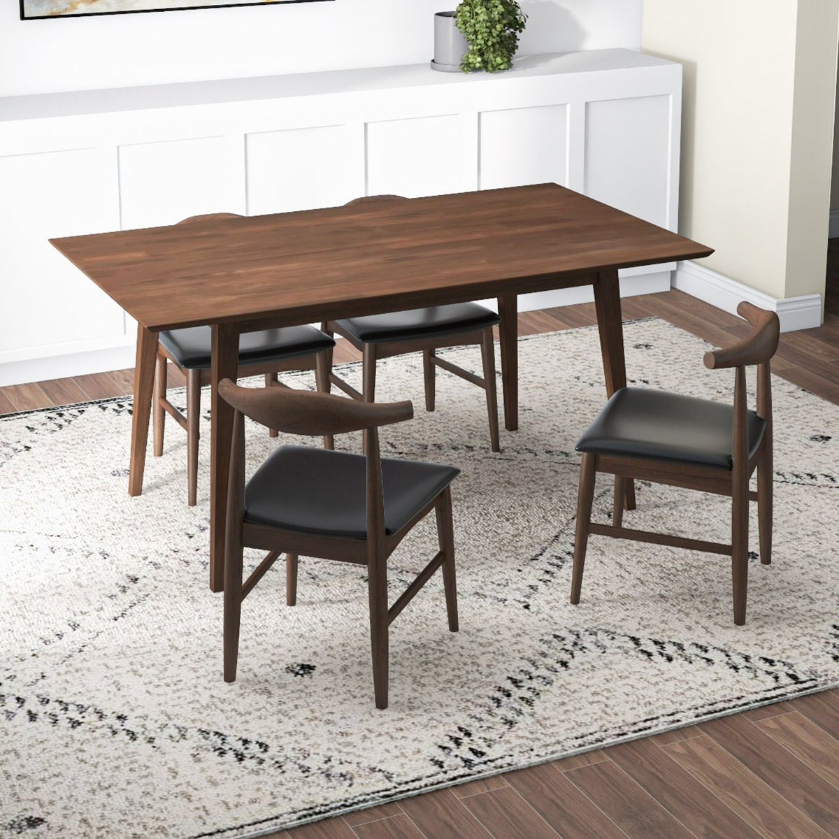 Adira Large Walnut Dining Set With 4 Winston Black Leather Dining Chairs