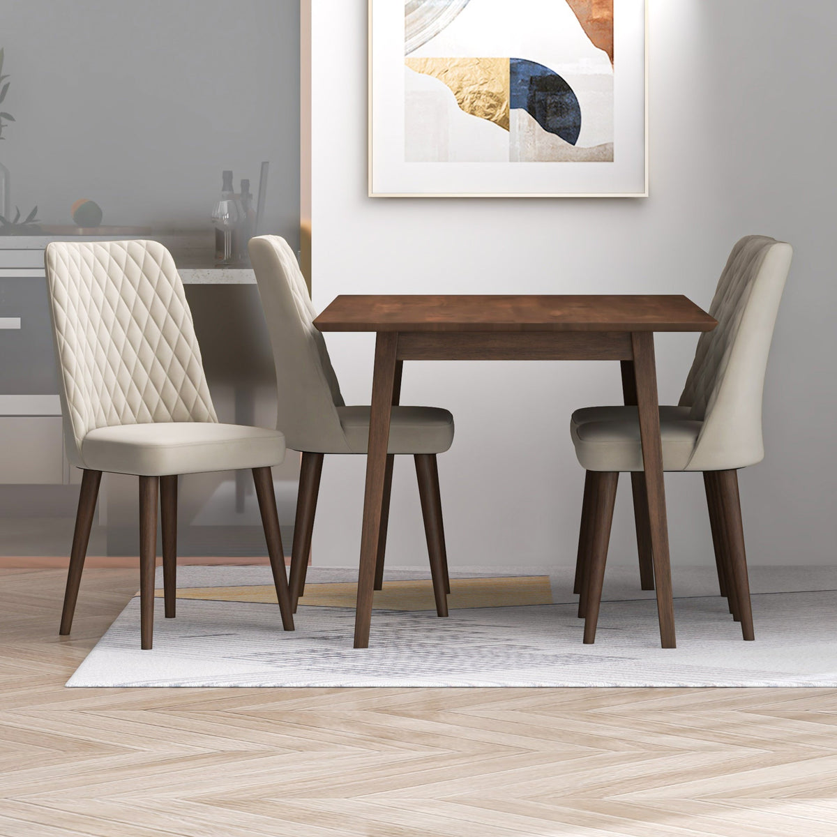 Alpine (Small - Walnut) Dining Set With 4 Evette (Beige Velvet) Dining Chairs