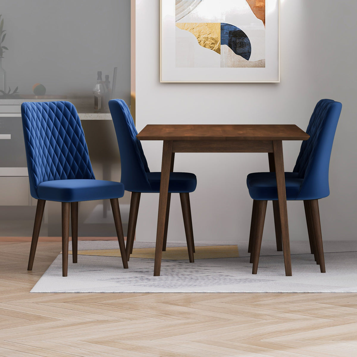 Alpine (Small - Walnut) Dining Set With 4 Evette (Blue Velvet) Dining Chairs