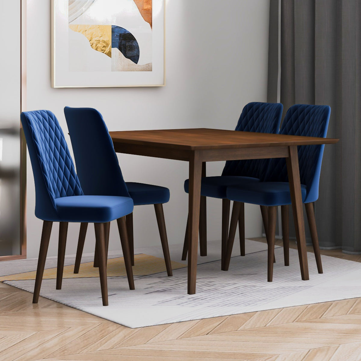 Alpine (Small - Walnut) Dining Set With 4 Evette (Blue Velvet) Dining Chairs