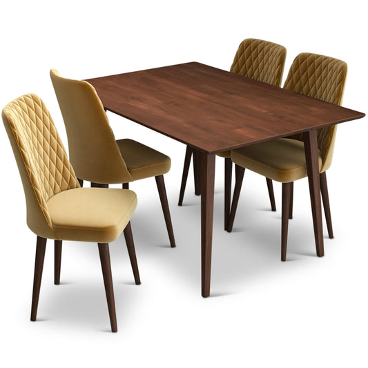 Alpine (Small - Walnut) Dining Set With 4 Evette (Gold Velvet) Dining Chairs