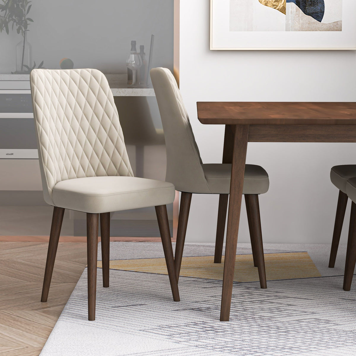 Alpine (Small - Walnut) Dining Set With 4 Evette (Beige Velvet) Dining Chairs