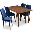 Alpine (Small - Walnut) Dining Set With 4 Evette (Blue Velvet) Dining Chairs