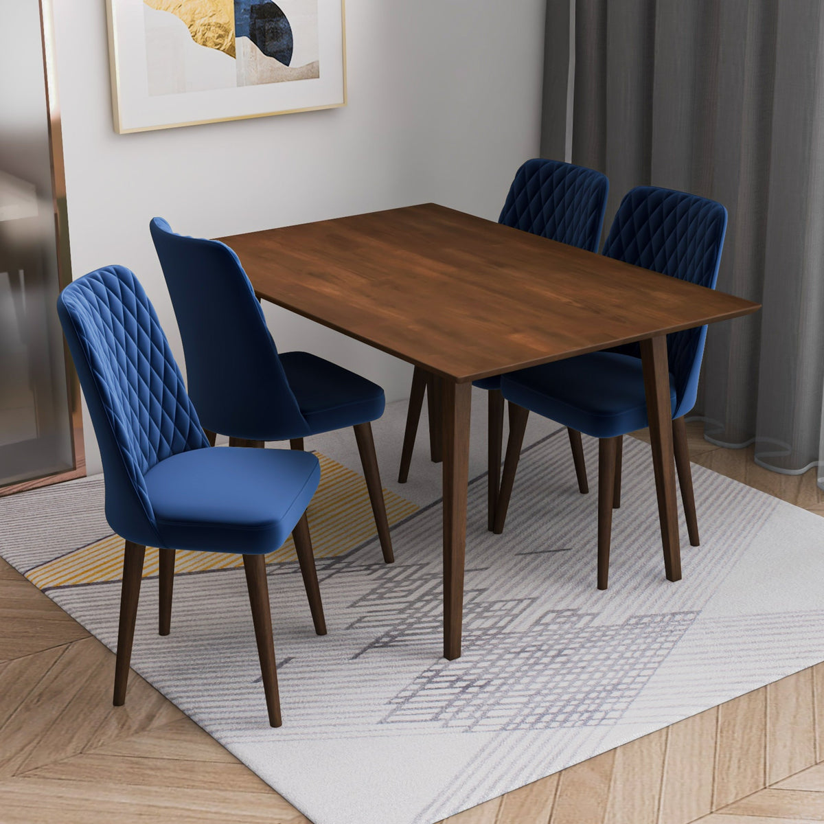 Alpine (Small - Walnut) Dining Set With 4 Evette (Blue Velvet) Dining Chairs