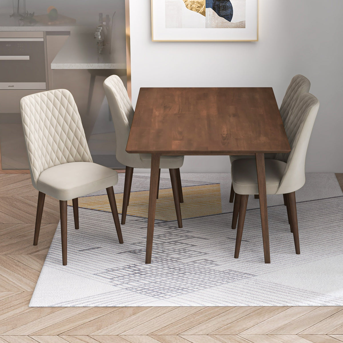 Alpine (Small - Walnut) Dining Set With 4 Evette (Beige Velvet) Dining Chairs