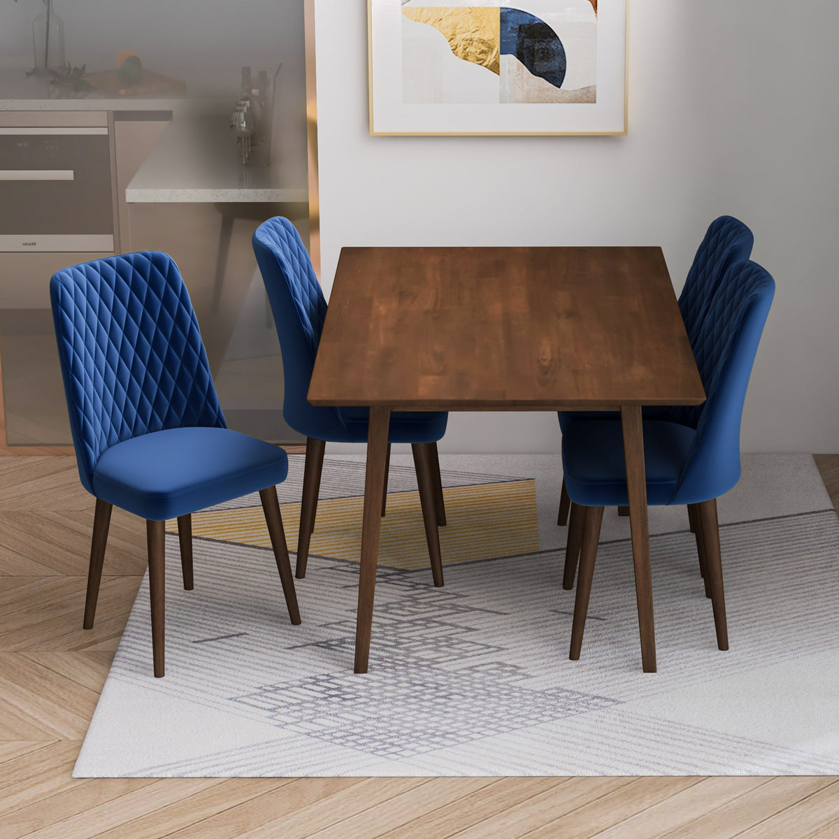 Alpine (Small - Walnut) Dining Set With 4 Evette (Blue Velvet) Dining Chairs