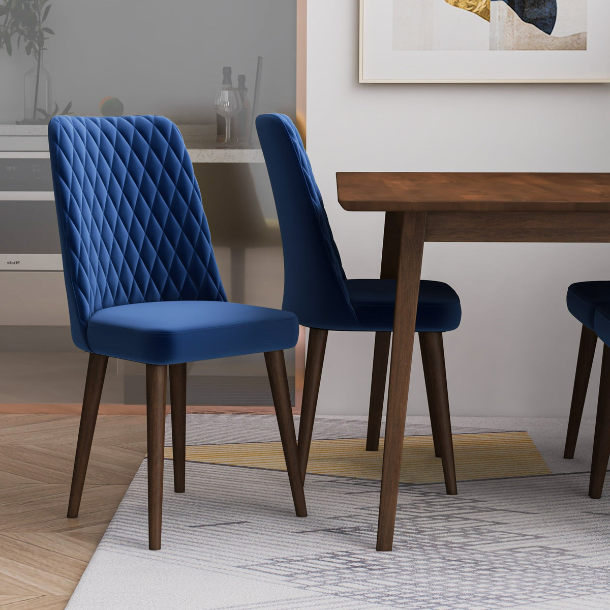 Alpine (Small - Walnut) Dining Set With 4 Evette (Blue Velvet) Dining Chairs