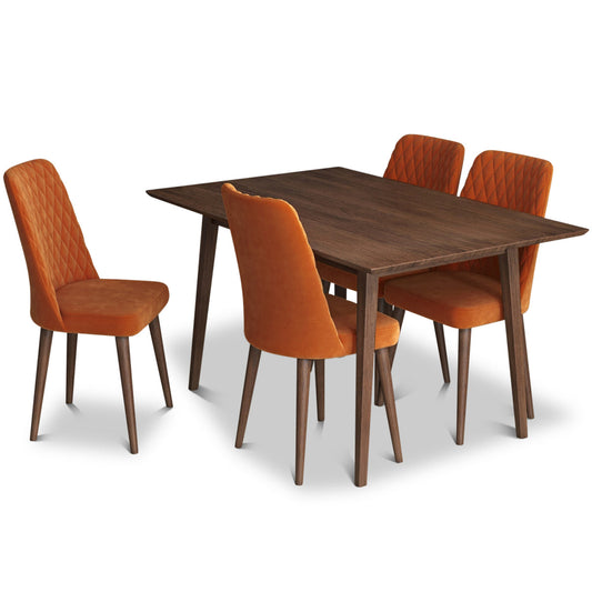 Alpine (Small - Walnut) Dining Set With 4 Evette (Orange Velvet) Dining Chairs