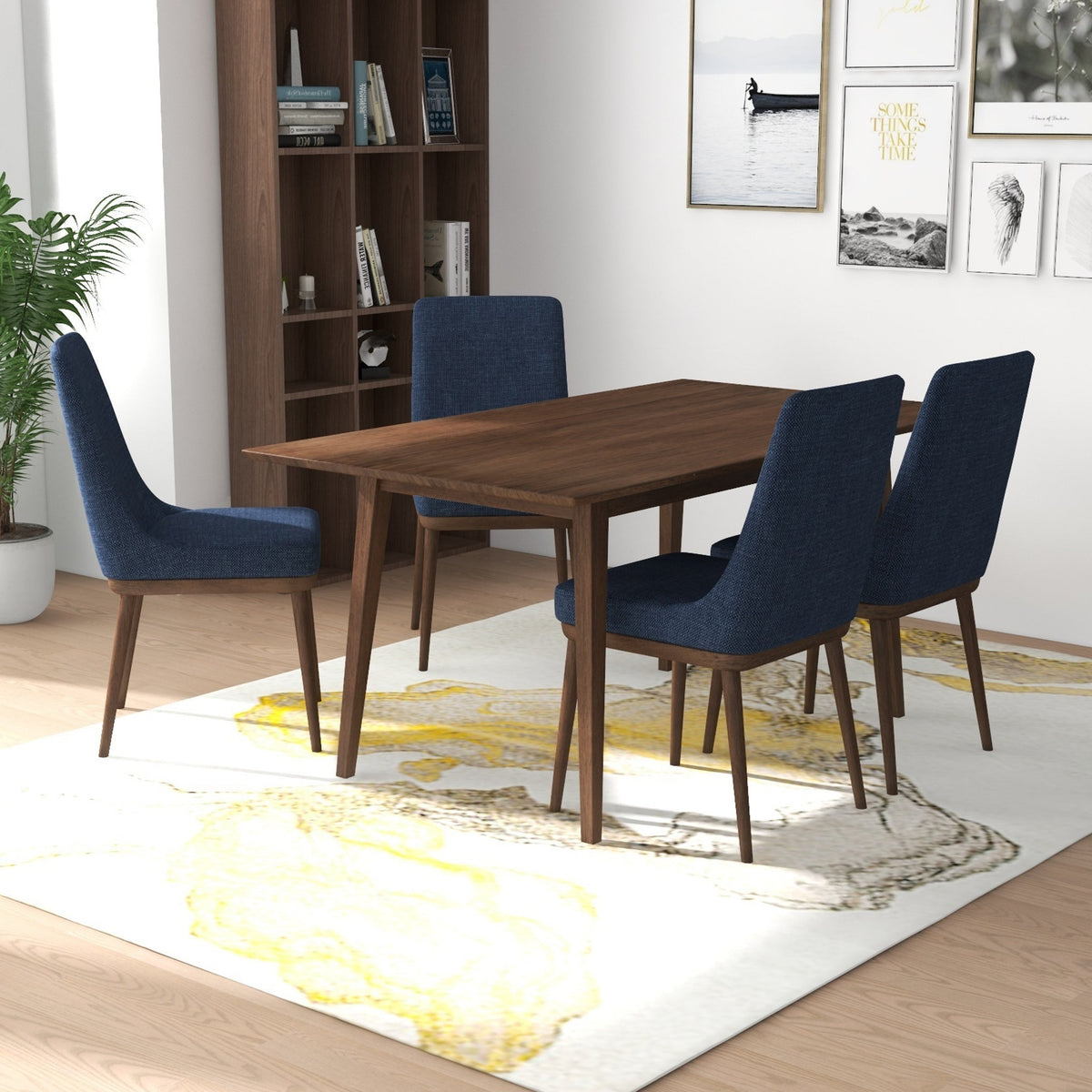 Adira (Large - Walnut) Dining Set With 4 Brighton (Navy Blue) Dining Chairs