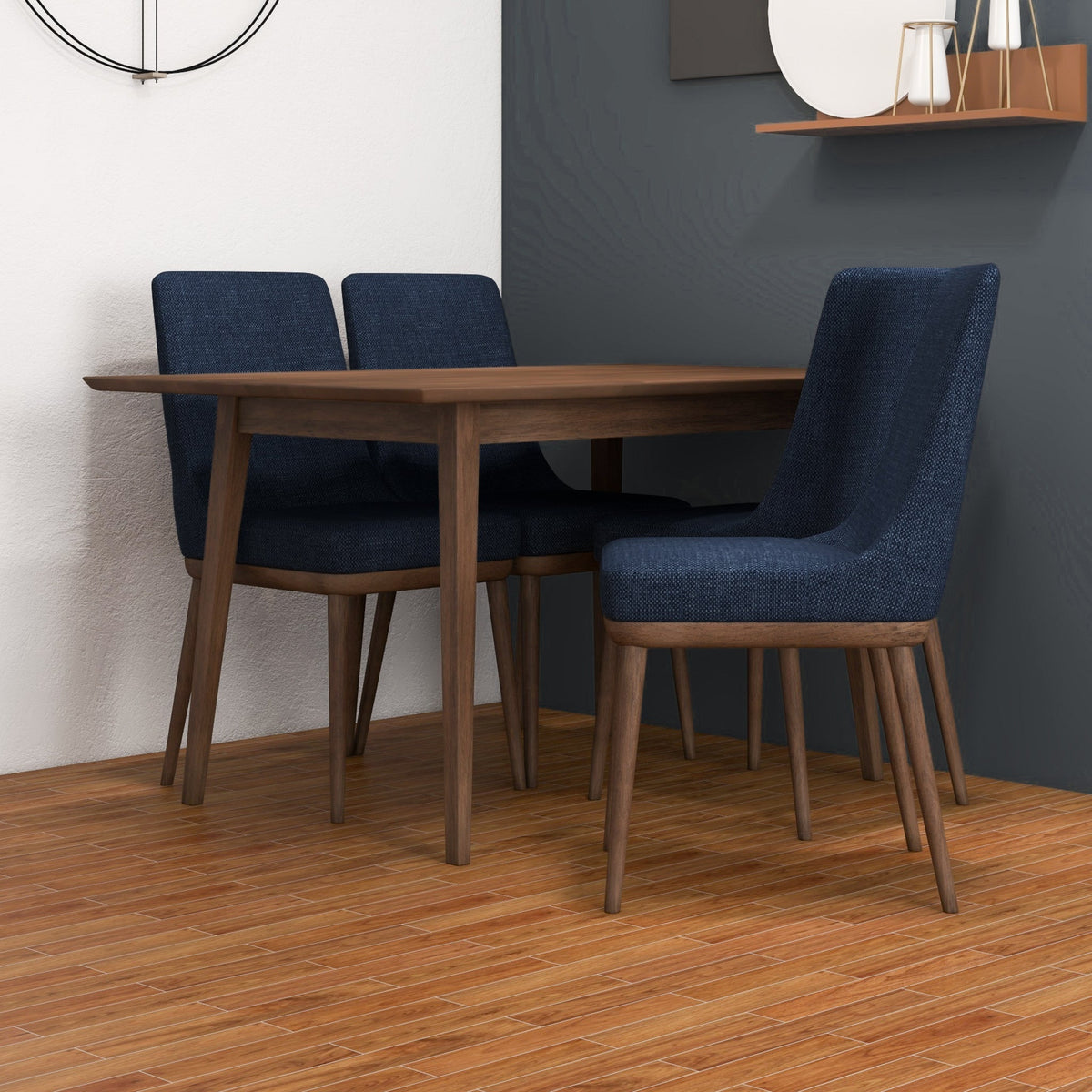 Adira (Small - Walnut) Dining Set With 4 Brighton (Navy Blue) Dining Chairs