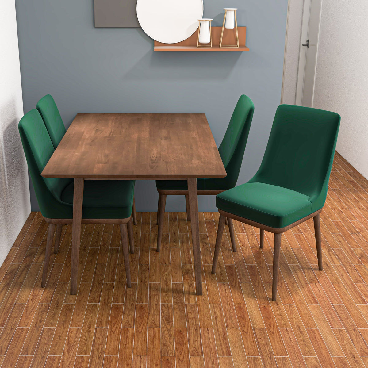 Adira (Small - Walnut) Dining Set With 4 Brighton (Green Velvet) Dining Chairs