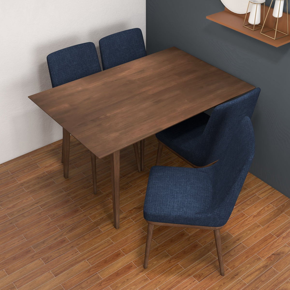 Adira (Small - Walnut) Dining Set With 4 Brighton (Navy Blue) Dining Chairs