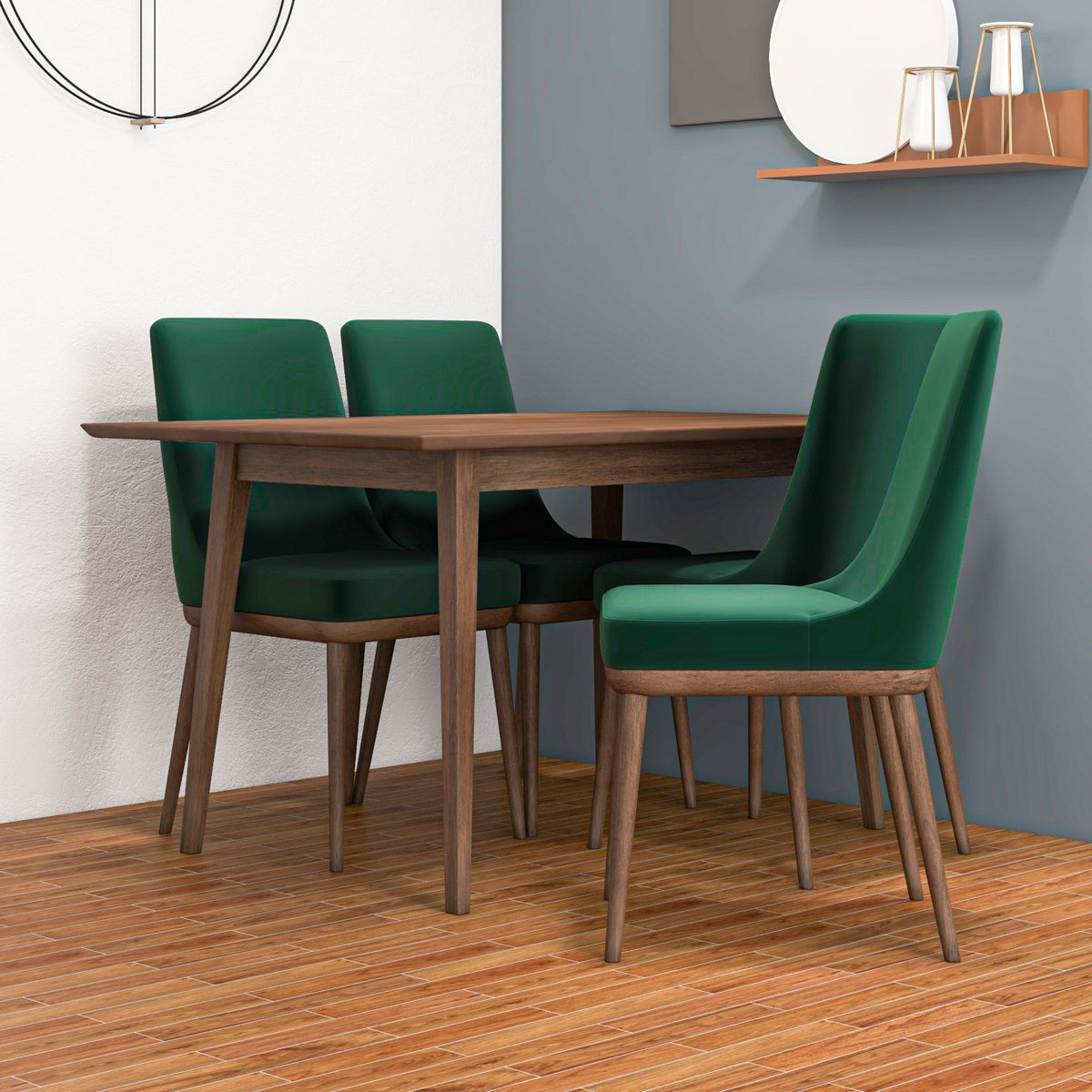 Adira (Small - Walnut) Dining Set With 4 Brighton (Green Velvet) Dining Chairs