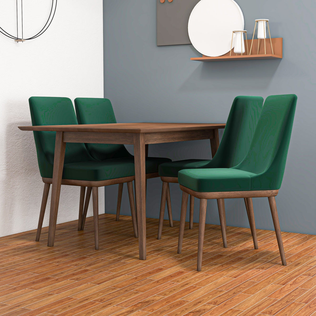 Adira (Small - Walnut) Dining Set With 4 Brighton (Green Velvet) Dining Chairs