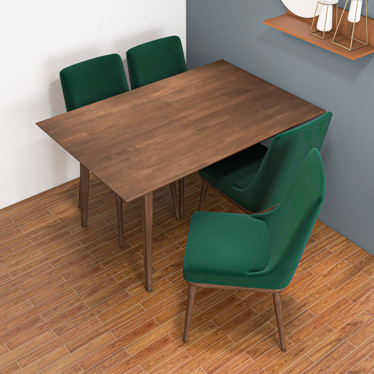 Adira (Small - Walnut) Dining Set With 4 Brighton (Green Velvet) Dining Chairs