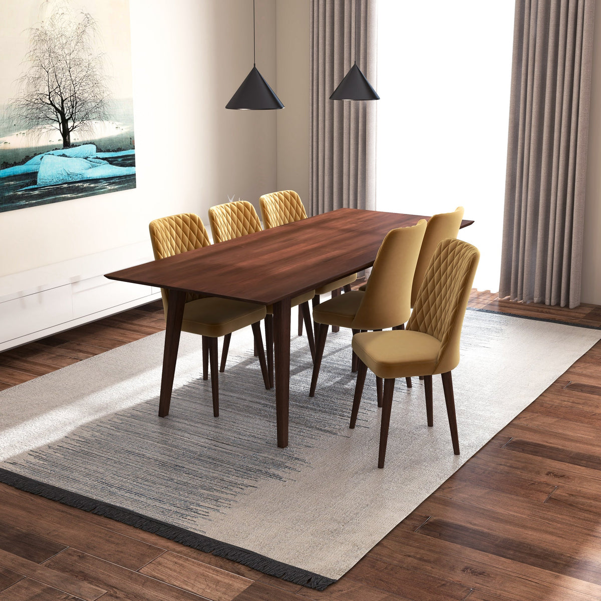 Adira (Xlarge - Walnut) Dining Set With 6 Evette (Gold Velvet) Dining Chairs