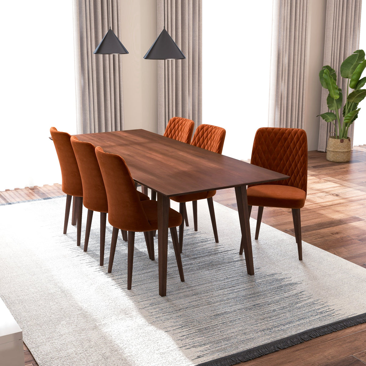 Adira (Xlarge - Walnut) Dining Set With 6 Evette (Burnt Orange Velvet) Dining Chairs