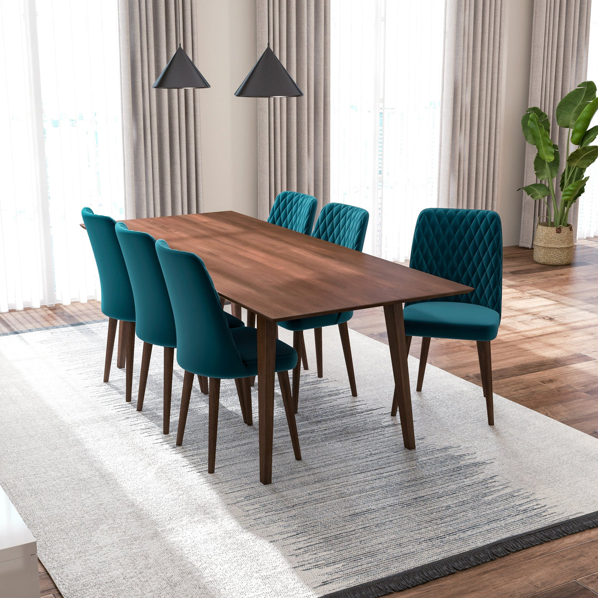 Adira (Xlarge - Walnut) Dining Set With 6 Evette (Teal Velvet) Dining Chairs