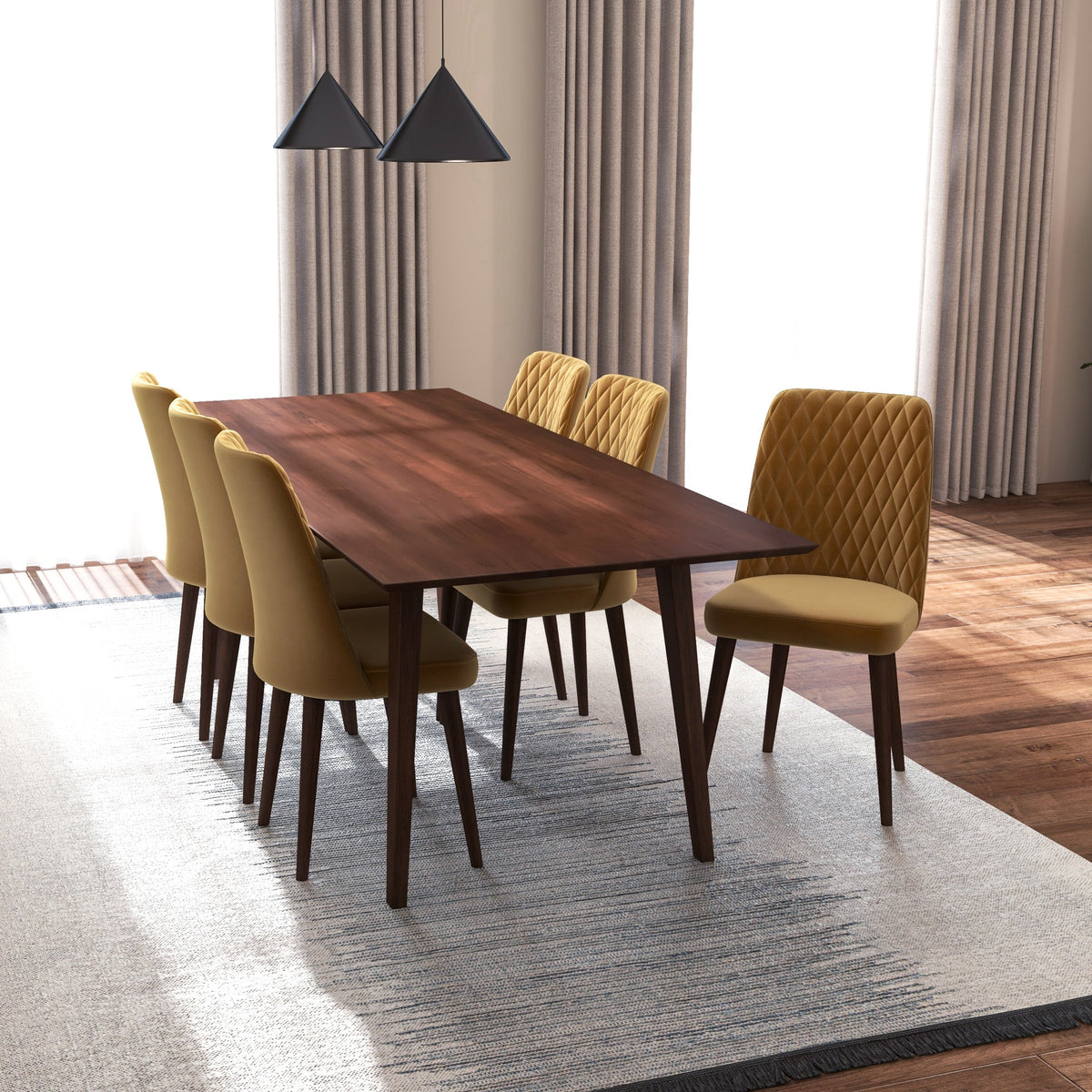 Adira (Xlarge - Walnut) Dining Set With 6 Evette (Gold Velvet) Dining Chairs